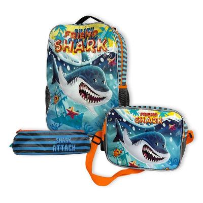 Kit Mochila Infantil Escolar Rocie Tubarão com Rodinhas 3 Peças Cinza com Laranja