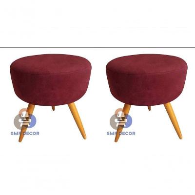 Kit 02 Puff Redondo Pés Palito Assento Espuma Suede Vinho e Bordô SMF Decor