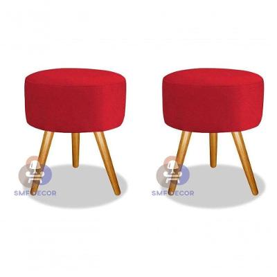 Kit 02 Puff Redondo Pés Palito Assento Espuma Veludo Vermelho SMF Decor