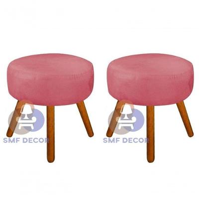 Kit 02 Puff Pés Palito Assento Espuma Revestimento Veludo Rosê SMF Decor