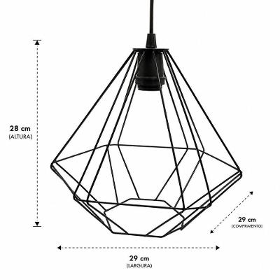 Lustre Pendente Modelo Diamante Design Geométrico Moderno Industrial Preto Metal Bivolt