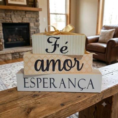 Objeto Decorativo Fe Amor Esperanca Madeira Pinus Amadeirado Shoppingnet