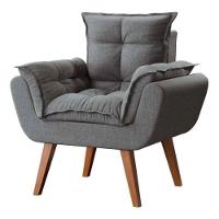 Kit 2 Poltronas Opalas Com Puff Redondo Linho Cinza