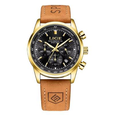 Relógio Masculino Classic 9136 Cronógrafo Couro Luminoso Dourado Preto Lige