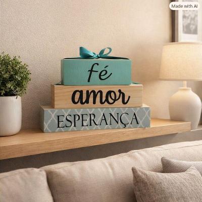 Objeto Decorativo Fe Amor Esperanca Madeira Pinus Amadeirado Shoppingnet