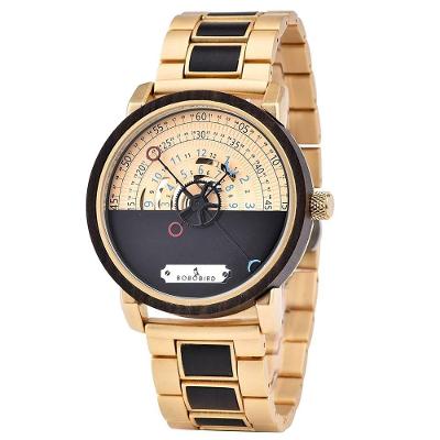 Relógio Mecânico de Pulso GT043 Analógico Madeira Aço Inoxidável Dourado Elashopp