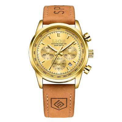 Relógio Masculino Classic 9136 Cronógrafo Couro Luminoso Dourado Lige