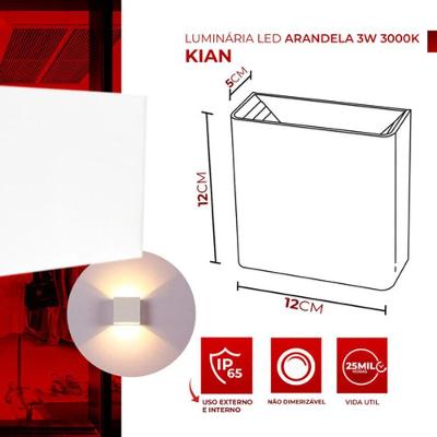 Arandela LED IP65 Quadrada 3W Luz Branca Fria 6500K Branco Kian