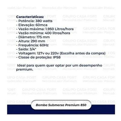 Bomba Submersa Premium 850 Potência 380W 3-4 220V Uso em Irrigação Drenagem Atlantis