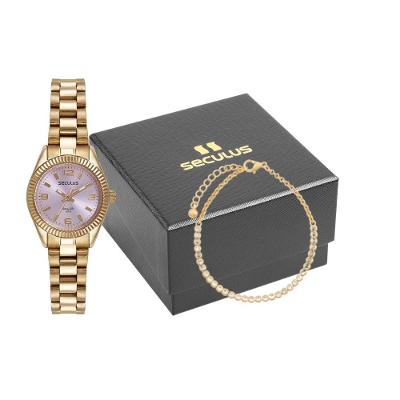 Kit Relógio Feminino Catraca Facetada com Pulseira Aço Dourado Séculus