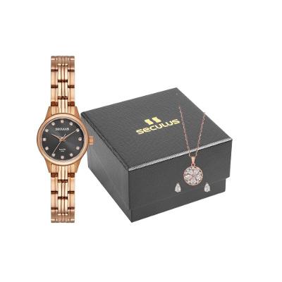 Kit Relógio Feminino Cristais Rosé com Colar e Brincos Mostrador Cinza Séculus