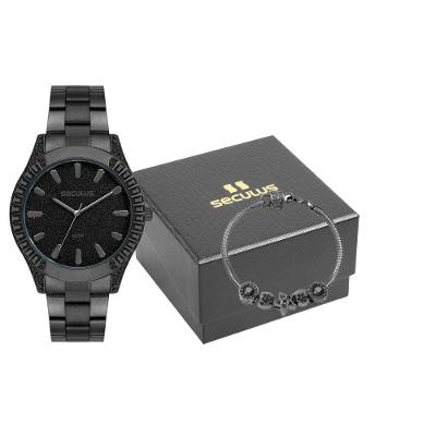 Kit Relógio Feminino Glitter Cristais com Pulseira Mostrador Preto Caixa Redonda 42mm Séculus