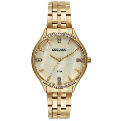 Relógio de Pulso Feminino Madrepérola Analógico Pulseira Metal Dourado Séculus
