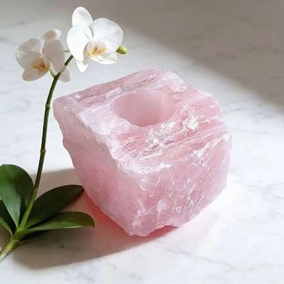 Porta Vela Decorativo Pedra Natural Cristal Quartzo Rosa Esculpida Artesanalmente Rosa