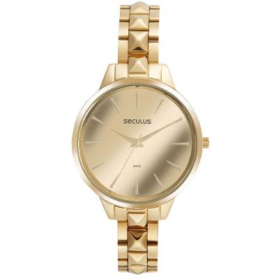 Relógio Feminino Espelhado Dourado Pulseira Aço Caixa 3,8CM Séculus