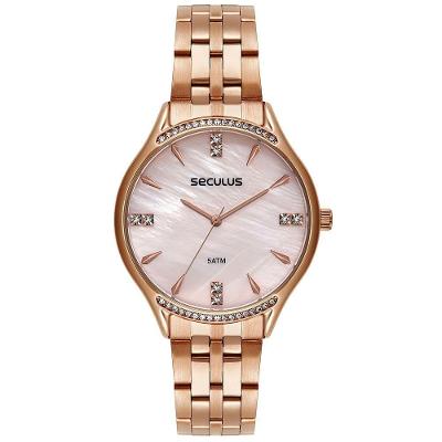 Relógio Feminino Cristais Madrepérola Rosé Analógico Pulseira Metal com Cristais Rosê Séculus 4CM