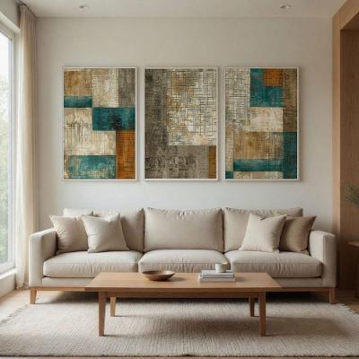 Kit 3 Quadros Decorativos Formas Abstratos Textura Terroso Filete MDF Branca