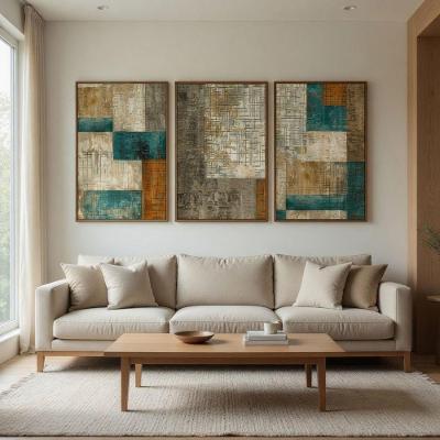 Quadro Decorativo Formas Abstratos Textura Terroso Kit 3 Peças Moldura Filete Ypê SHD Soleil Home