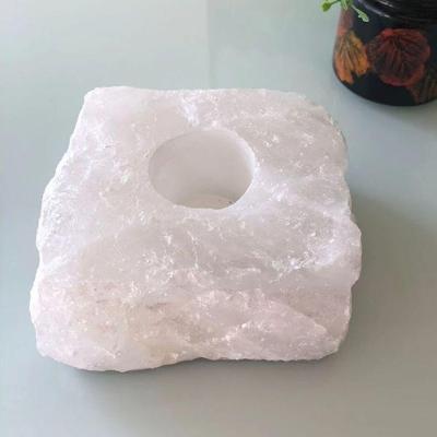 Porta Vela Decorativo Pedra Natural Cristal Quartzo Branco Esculpida Artesanalmente