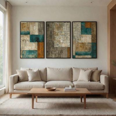 Quadro Decorativo Formas Abstratos Textura Terroso Retangular MDF Moldura Filete Preto 3 Pecas