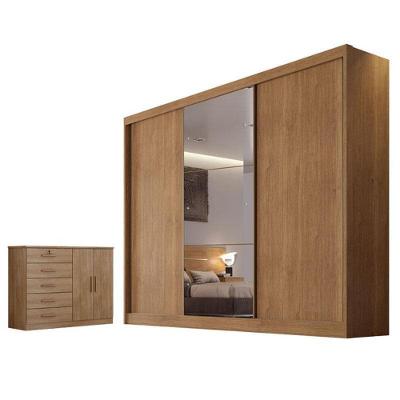 Guarda Roupa e Cômoda Casal Duna 3 Portas 6 Gavetas MDF com Espelho Cumaru 23