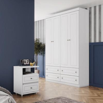 Guarda Roupa e Mesa de Cabeceira Americana 4 Portas 6 Gavetas Branco Móveis Henn