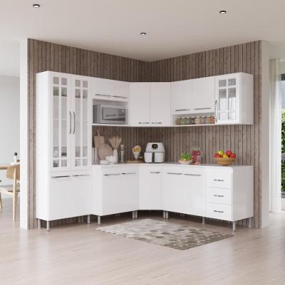 Armário de Cozinha Modulada Completa de Canto Viena 16 Portas 3 Gavetas MDF-MDP 410CM Branco