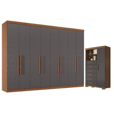 Guarda Roupa Casal Master New 8 Portas 4 Gavetas MDP Cômoda Marabá Jatobá Grafite Acetinado Santos