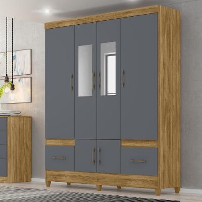 Guarda Roupa Casal Coreia 8 Portas de Bater 1 Gaveta MDP com Espelho Castanho Wood Cinza Mais