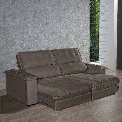 Sofá com Chaise Girona 3 Lugares Retrátil e Reclinável 230CM Cinza Veludo Luxo