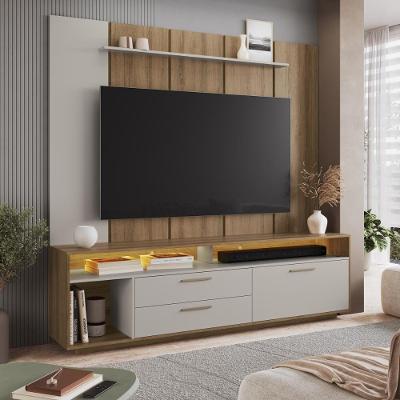 Rack com Painel para TV Até 75 Polegadas 200CM MDP com LED 1 Porta 2 Gavetas Mel Arenas Multimóveis