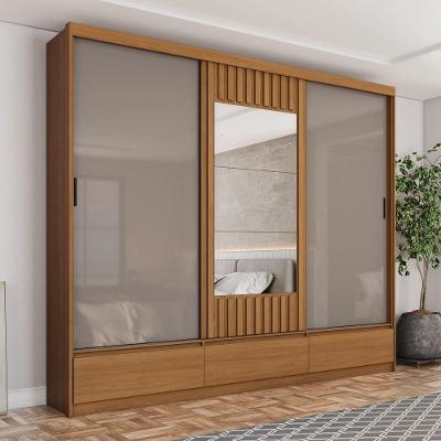 Guarda Roupa Casal Delvin 3 Portas Correr Espelho 3 Gavetas MDP Cinamomo-Off White-Avelã Móveis Henn