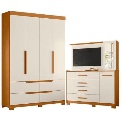 Guarda Roupa Solteiro Doble 4 Portas de Bater 4 Gavetas MDP Cômoda Cinamomo Off White Albatroz