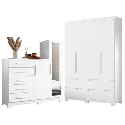 Guarda Roupa Solteiro Doble 4 Portas de Bater 4 Gavetas MDP com Cômoda New Master Branco Albatroz