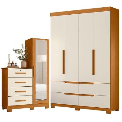 Guarda Roupa Solteiro Doble 4 Portas de Bater 4 Gavetas MDP Cinamomo Off White com Cômoda Belize