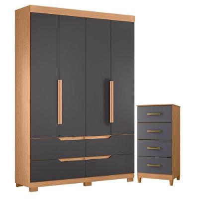 Guarda Roupa Solteiro Doble 4 Portas com Cômoda 4 Gavetas MDP Freijó Titanium Albatroz Móveis 160CM