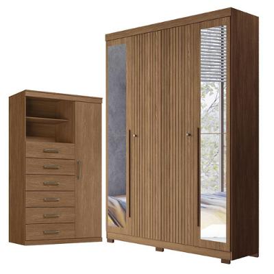 Guarda Roupa Casal com Cômoda Ripado Buriti 4 Portas de Bater 6 Gavetas MDF-MDP Jatobá Acetinado