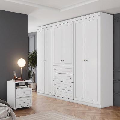 Guarda Roupa Casal Amy 6 Portas de Bater 8 Gavetas MDF-MDP Branco HP com Mesas de Cabeceira Casa 812