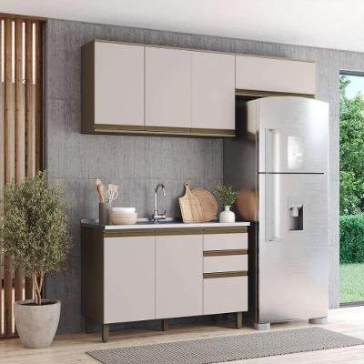 Cozinha Compacta 3 Peças com Aéreo Americana 7 Portas MDF 200CM Marrom Móveis Henn