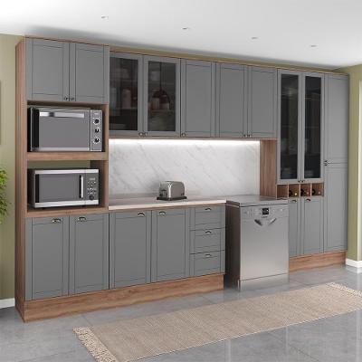 Cozinha Completa com Balcão Milla Pier 17 Portas 3 Gavetas 380CM Nogal com Cinza Titânio Móveis