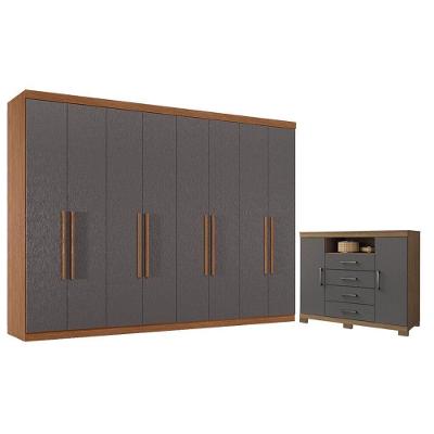 Guarda Roupa Casal Master New 8 Portas 4 Gavetas MDP Cômoda Havana Jatobá Grafite Acetinado Santos