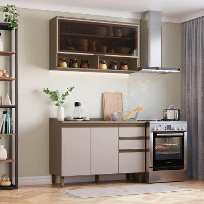 Cozinha Compacta 2 Peças com Balcão e Aéreo Connect 4 Portas 3 Prateleiras MDF Marrom Móveis Henn