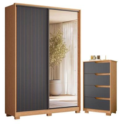 Guarda Roupa Solteiro Frizatto 2 Portas de Correr com Espelho 3 Gavetas MDP Cômoda Sole Freijo