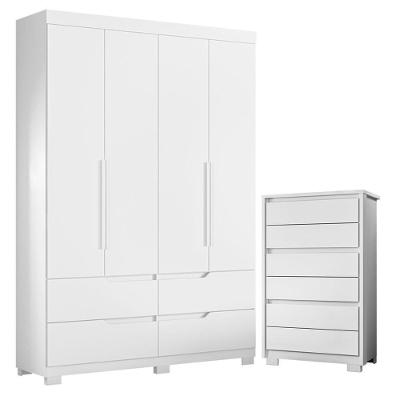 Guarda Roupa Solteiro Doble 4 Portas de Bater 4 Gavetas MDP com Cômoda Unno Branco Albatroz Móveis