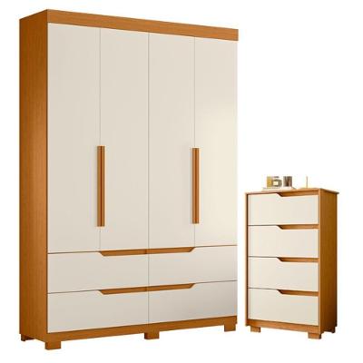 Guarda Roupa Solteiro Doble 4 Portas de Bater 4 Gavetas MDP Cinamomo Off White com Cômoda Albatroz