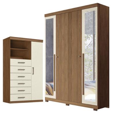 Guarda Roupa Casal Buriti 4 Portas de Bater 2 Gavetas MDF-MDP com Espelho e Pés Jatobá Areia