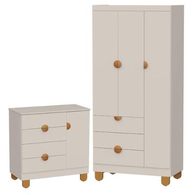 Cômoda Sapateira e Guarda Roupa Infantil Apolo 3 Portas 4 Gavetas MDF Areia Fosco Reller Móveis