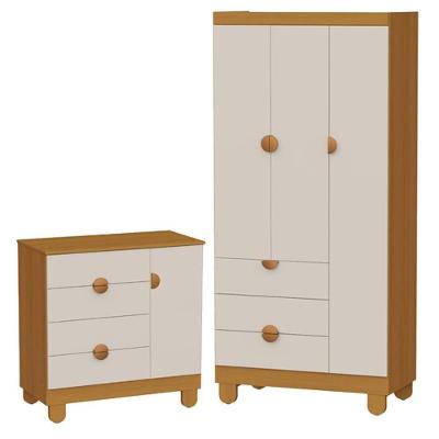 Cômoda Sapateira e Guarda Roupa Infantil Apolo 3 Portas 3 Gavetas MDF Areia Fosco Savana Reller