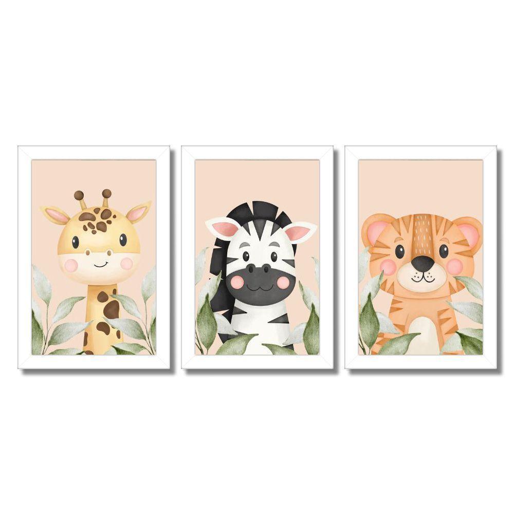 Kit 3 Quadros Safari Aquarela Infantil Quarto Vidro 20X30Cm Título Moldura Branca - 1