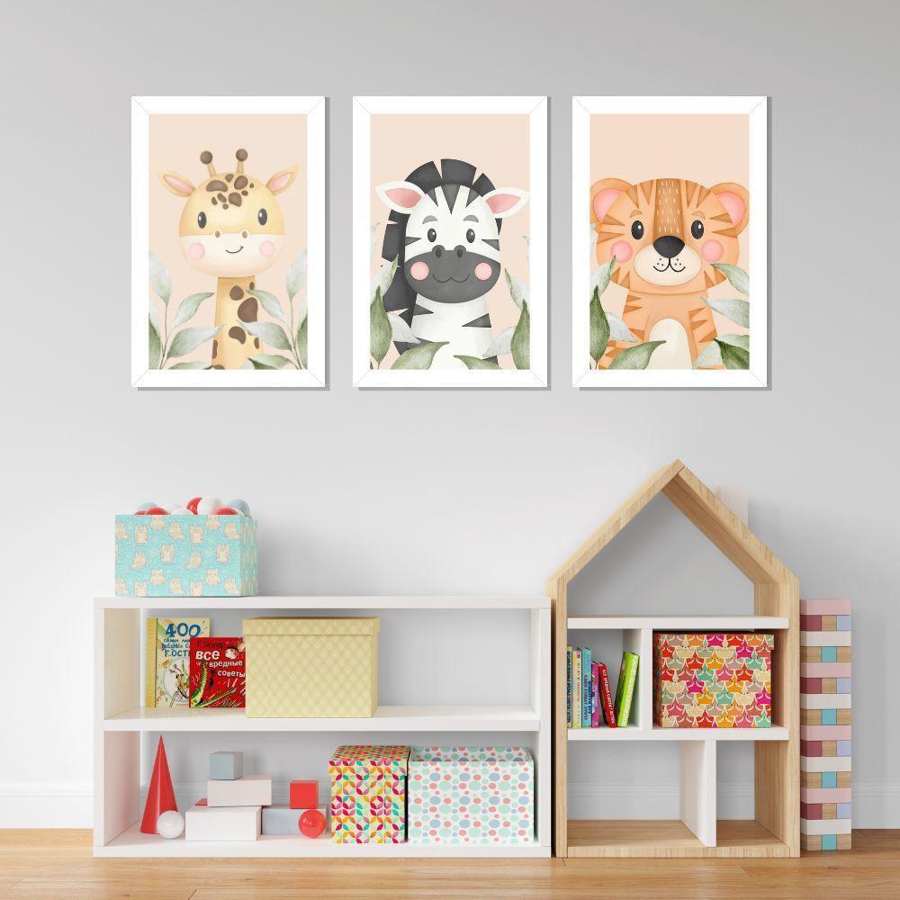 Kit 3 Quadros Safari Aquarela Infantil Quarto Vidro 20X30Cm Título Moldura Branca - 6